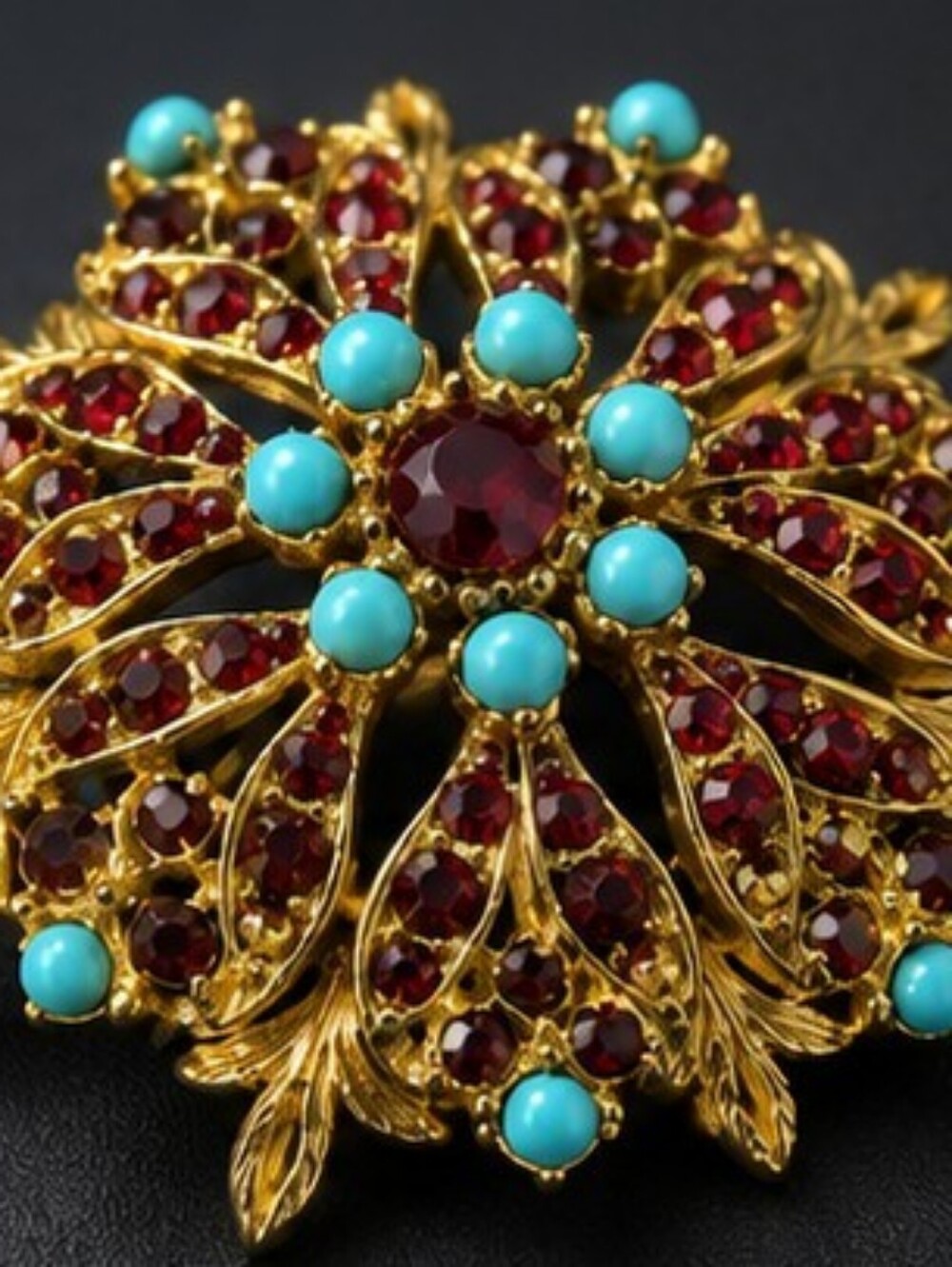 Vintage Signed Florenza Ruby Red Rhinestone & Turquoise Blue Cabochon Brooch Gol